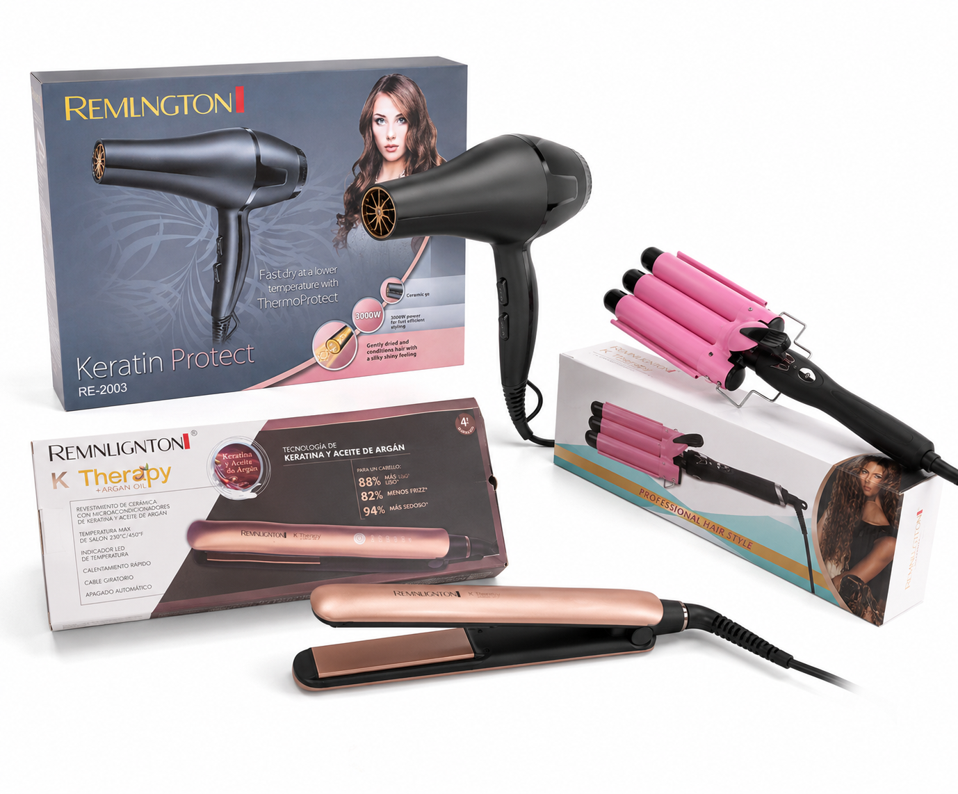 Kit Estilizado 3-en-1: Secador Iónico + Rizador Sirena + Plancha Keratina