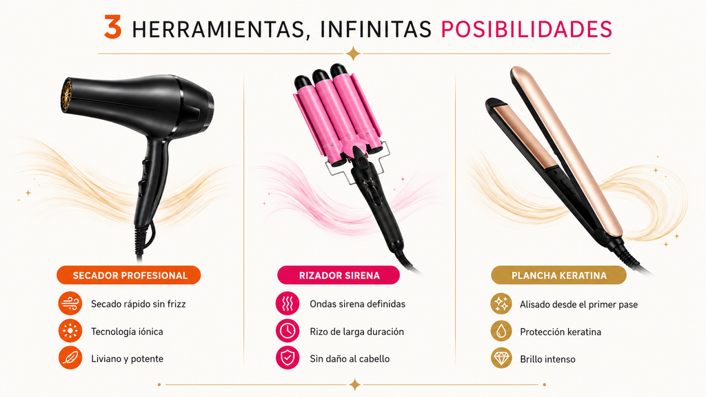 Kit Estilizado 3-en-1: Secador Iónico + Rizador Sirena + Plancha Keratina