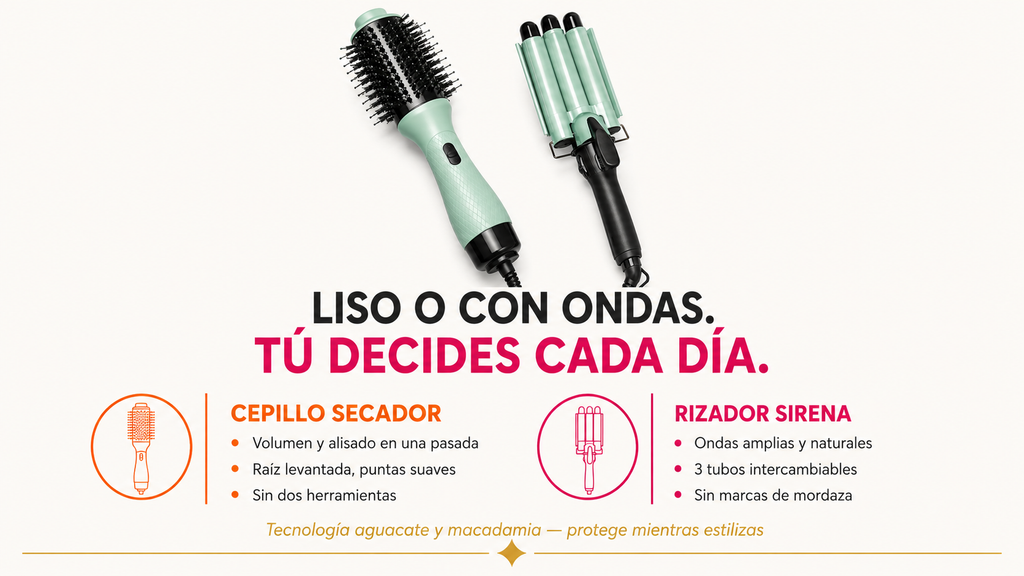 Combo Cepillo Secador + Rizador Sirena 3 Tubos | Kit Estilizado Capilar