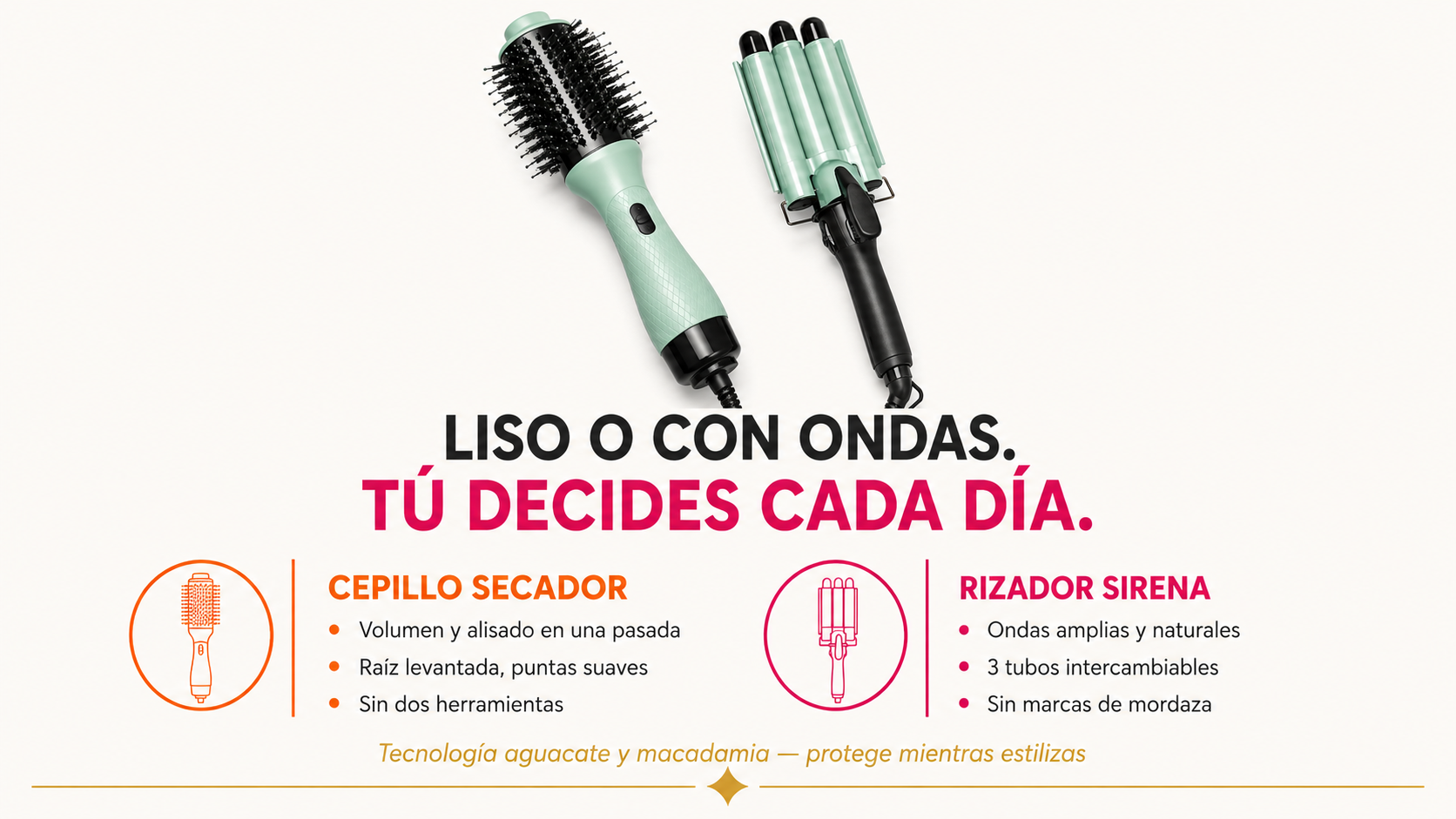 Combo Cepillo Secador + Rizador Sirena 3 Tubos | Kit Estilizado Capilar