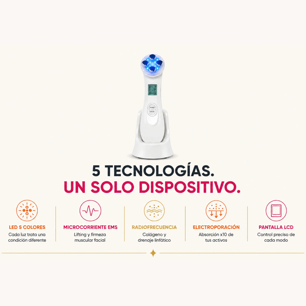 Dispositivo Facial 5 en 1 | Radiofrecuencia + LED + Microcorriente EMS