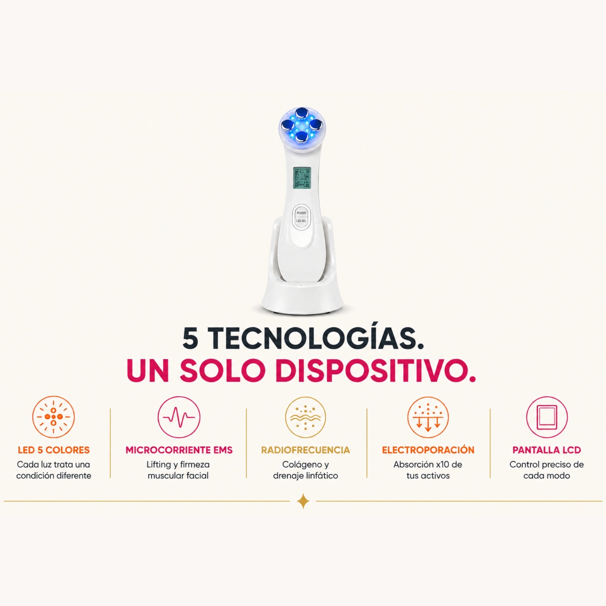 Dispositivo Facial 5 en 1 | Radiofrecuencia + LED + Microcorriente EMS