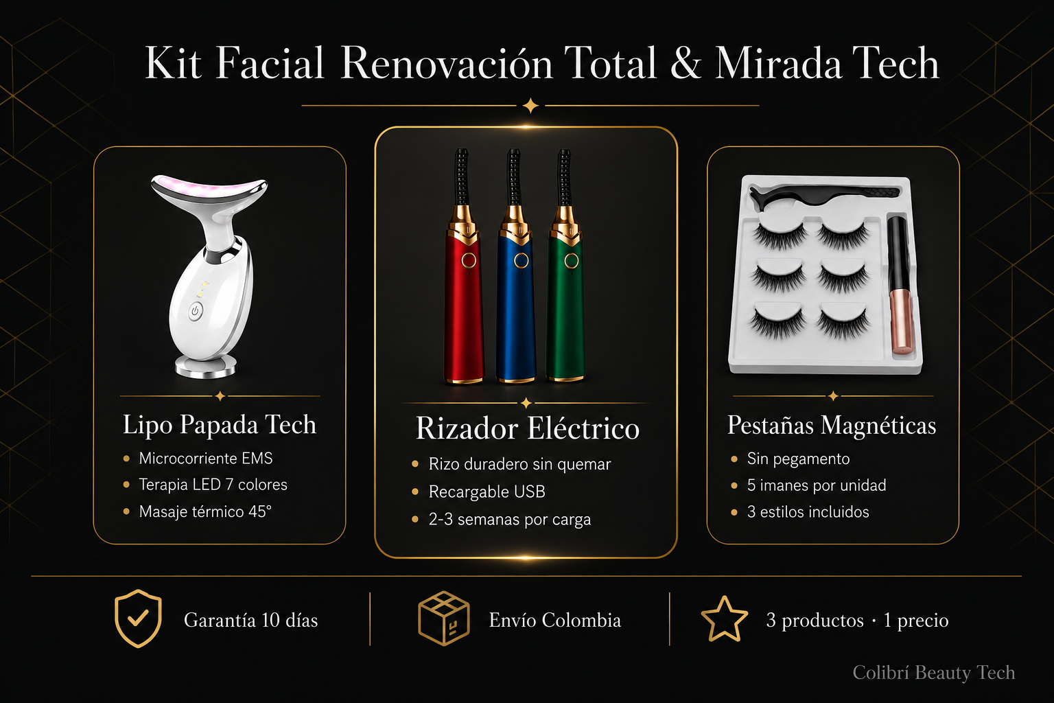 Kit belleza completo facial y mirada gadgets beauty tech para mujer colombiana Colibrí